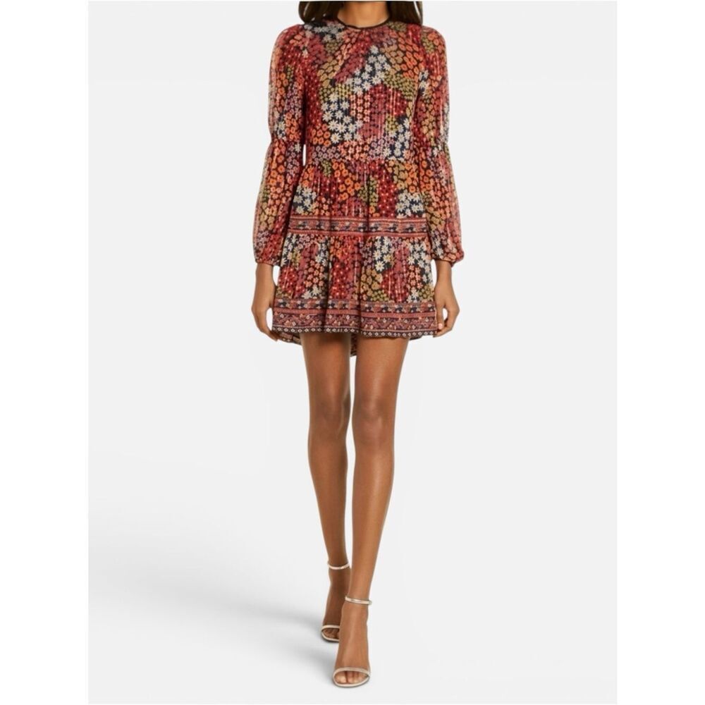 NWT Saylor TalleyโRed Floral Metallic Lurex Long Sleeve Tiered Mini Dress Small